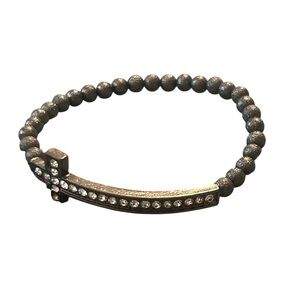 Beaded Stretch Bracelet Gunmetal Gray Cross Rhinestone Accent Fashion‎ Jewelry